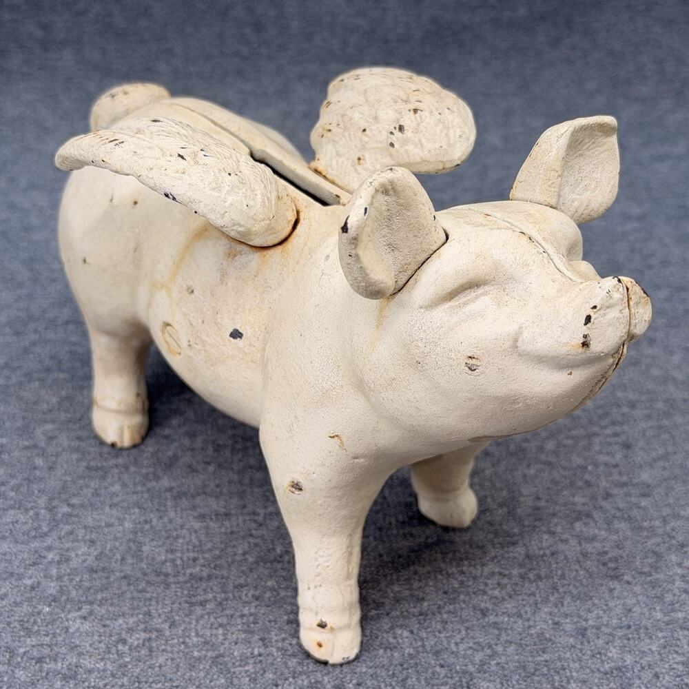 Old Cast Iron Flying Pig Coin Bank HEAVY Off White Rusty Patina Farmhouse Decor